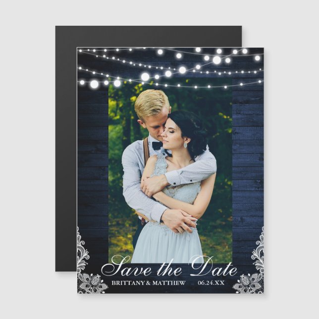 Rustic Blue Wood Lights Lace Save the Date Magnetic Invitation (Front/Back)