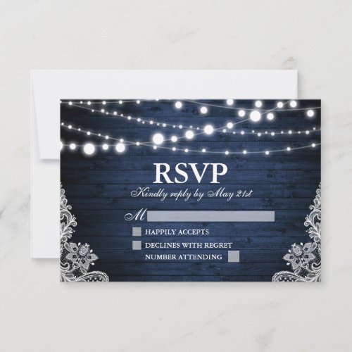 Rustic Blue Wood Lights Lace Wedding RSVP Card