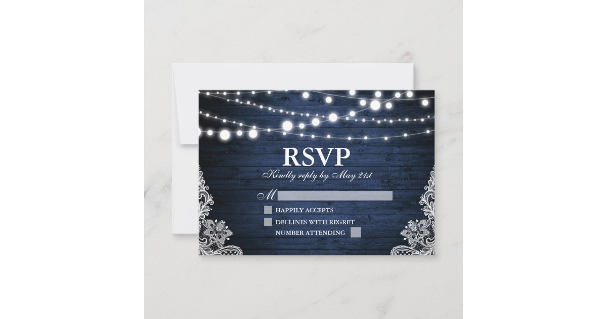Rustic Blue Wood Lights Lace Wedding RSVP Card | Zazzle