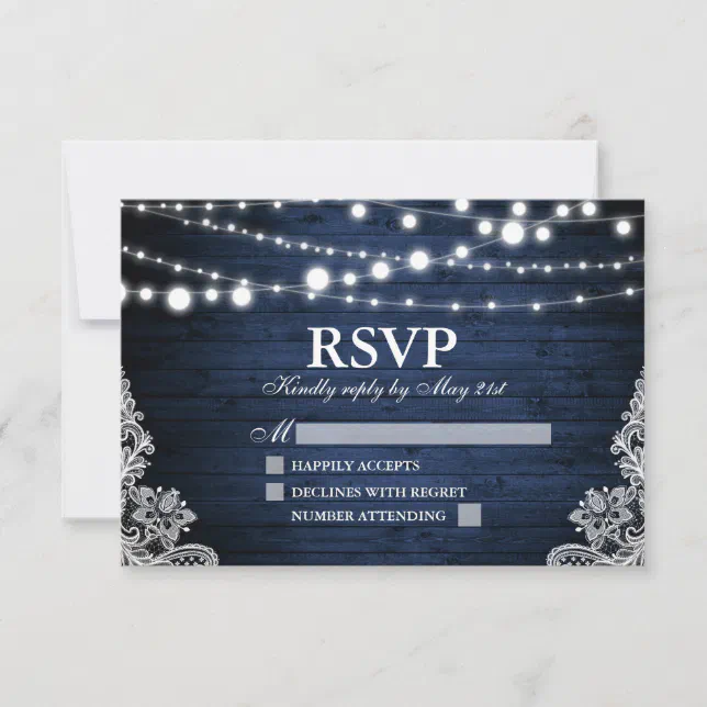 Rustic Blue Wood Lights Lace Wedding RSVP Card | Zazzle