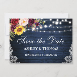 Rustic Blue Wood Lights Mixed Floral Lace Save The Date