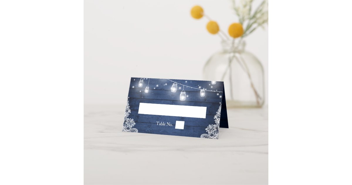 Rustic Blue Wood Mason Jar Lights Lace Wedding Place Card | Zazzle