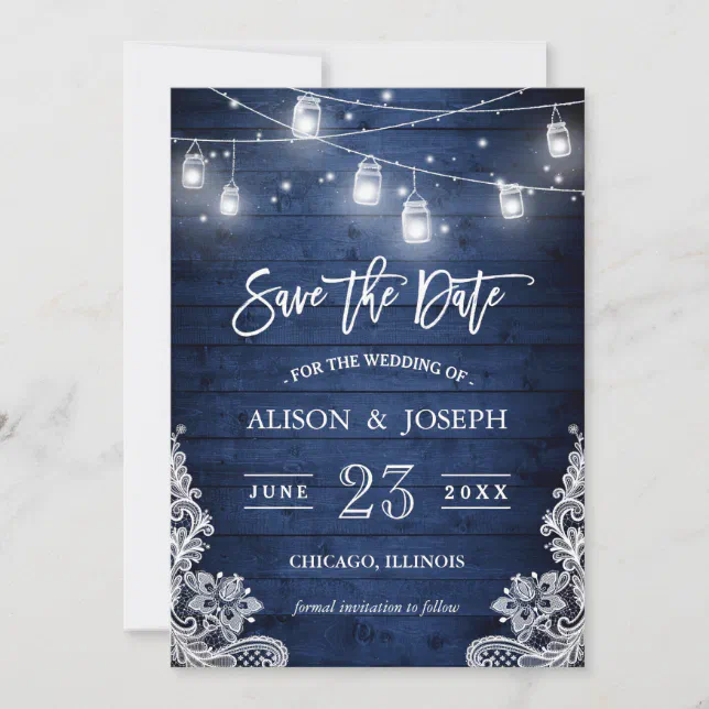 Rustic Blue Wood Mason Jars Lights Lace Wedding Save The Date | Zazzle