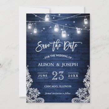 Rustic Blue Wood Mason Jars Lights Lace Wedding Save The Date by CardHunter at Zazzle