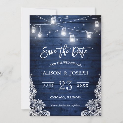 Rustic Blue Wood Mason Jars Lights Lace Wedding Save The Date - Rustic Blue Wood Mason Jars Lights Lace Wedding Save The Date Card. 
(1) For further customization, please click the "customize further" link and use our design tool to modify this template. 
(2) If you prefer Thicker papers / Matte Finish, you may consider to choose the Matte Paper Type. 
(3) If you need help or matching items, please contact me.