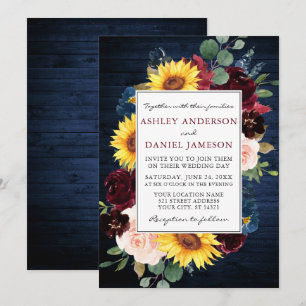 Rustic Blue Wood Mixed Floral Frame Wedding Invitation