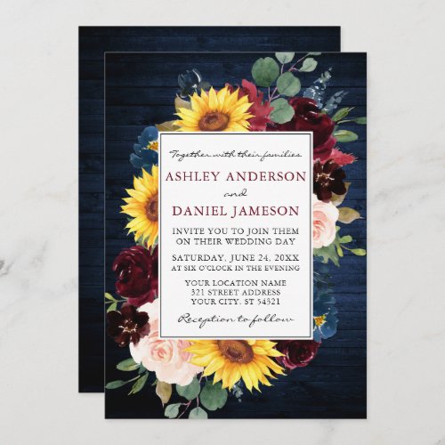 Rustic Blue Wood Mixed Floral Frame Wedding Invitation