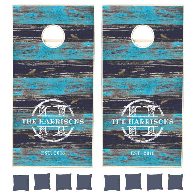 Rustic Blue Wood Monogram Beach House Cornhole Set (Set)