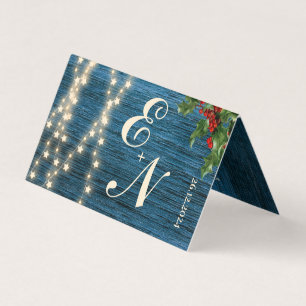Rustic Blue Wood Monogram Lights Christmas Wedding