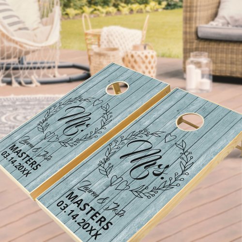 Rustic Blue Wood Mr and Mrs Couples Cornhole Set