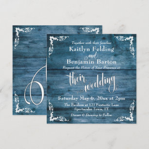 Rustic Blue Wood, Ornate Corners, Script Wedding Invitation