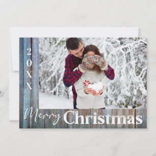 Rustic Blue Wood Photo Merry Christmas Card