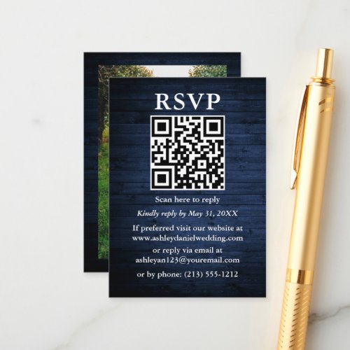 Rustic Blue Wood Photo QR Wedding RSVP Enclosure Card