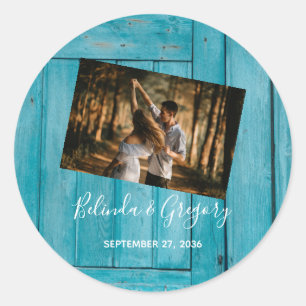 Rustic Blue Wood Photo Wedding Classic Round Sticker