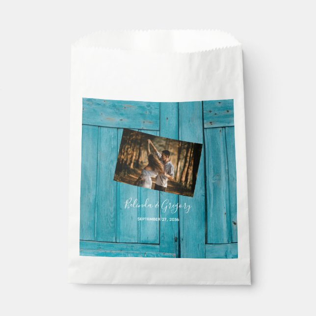 Rustic Blue Wood Photo Wedding  Favor Bag (Front)