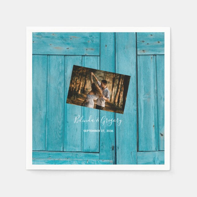 Rustic Blue Wood Photo Wedding   Napkins (Front)