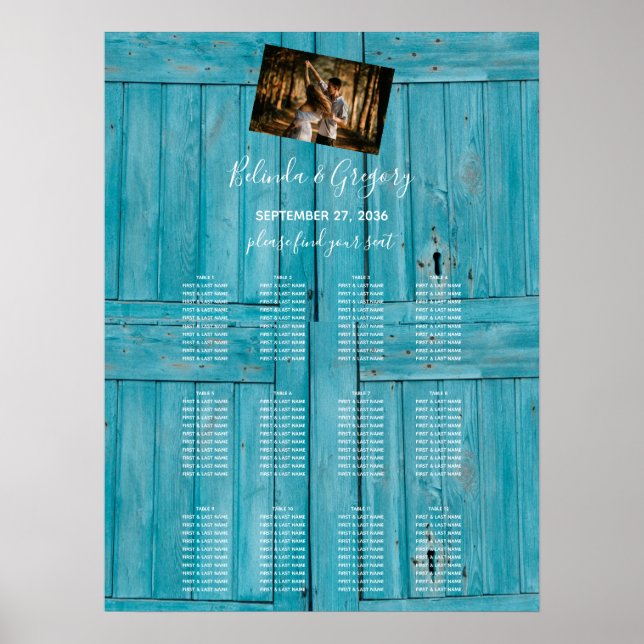 Rustic Blue Wood Photo Wedding Seating Chart (Front)