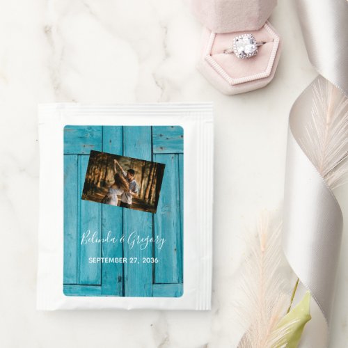 Rustic Blue Wood Photo Wedding Tea Bag Drink Mix