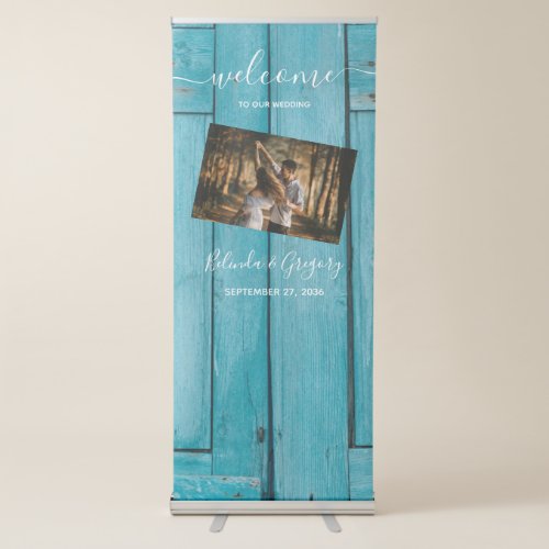 Rustic Blue Wood Photo Wedding Welcome Sign