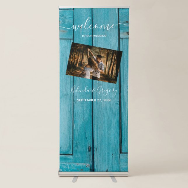 Rustic Blue Wood Photo Wedding Welcome Sign (Front)