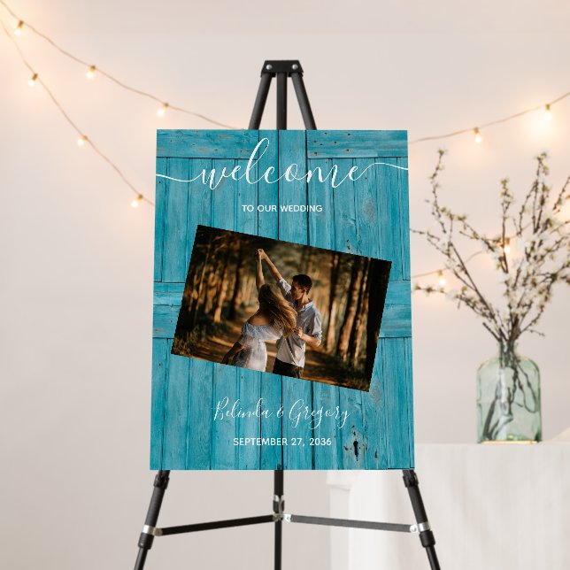 Rustic Blue Wood Photo Wedding Welcome Sign (In Situ (Stand))