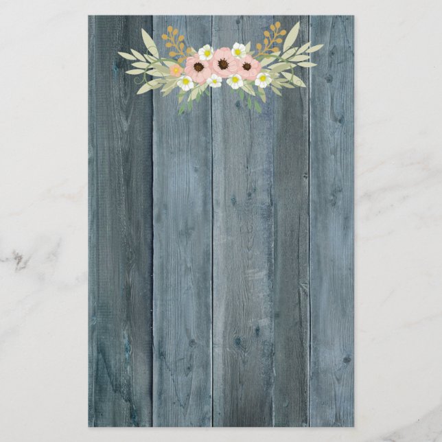 Rustic Blue Wood Pink and Green Floral Stationery (Front)