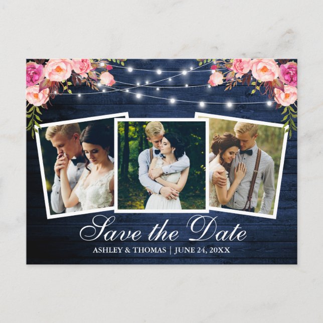 Rustic Blue Wood Pink Floral 3 Photo Save The Date Invitation Postcard (Front)