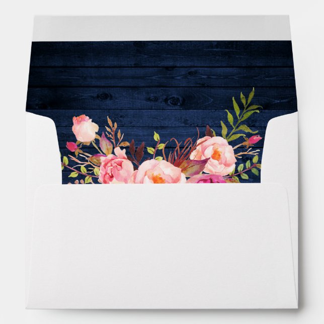 Rustic Blue Wood Pink Floral Invitation Envelope (Back (Bottom))