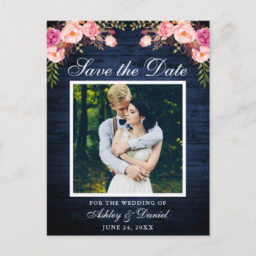 Rustic Blue Wood Pink Floral Save the Date Photo Announcement Postcard