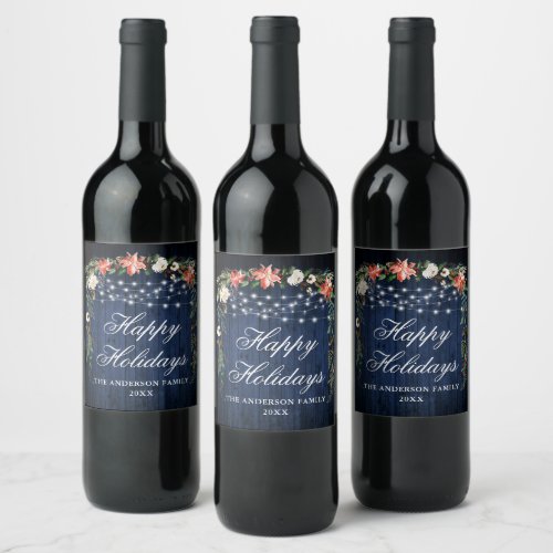 Rustic Blue Wood Poinsettias Lights Holiday Wine Label
