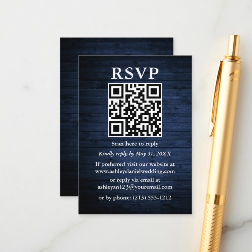 Rustic Blue Wood QR Wedding RSVP Enclosure Card