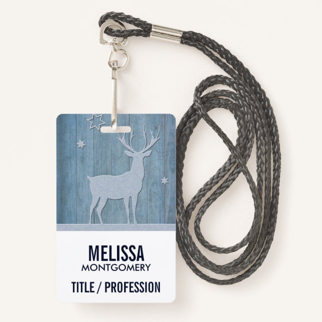 Rustic Blue Wood Reindeer Country Christmas Badge (Front with Lanyard)