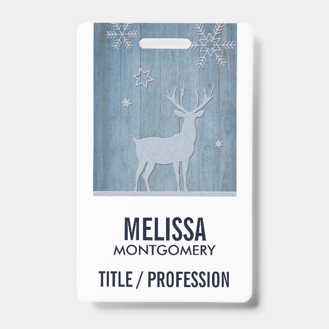 Rustic Blue Wood Reindeer Country Christmas Badge (Front)