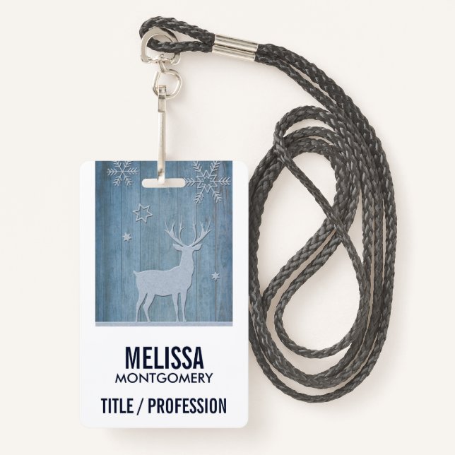 Rustic Blue Wood Reindeer Country Christmas Badge (Front with Lanyard)