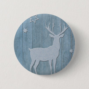 Rustic Blue Wood Reindeer Country Christmas Button