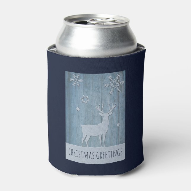 Rustic Blue Wood Reindeer Country Christmas Can Cooler (Can Front)
