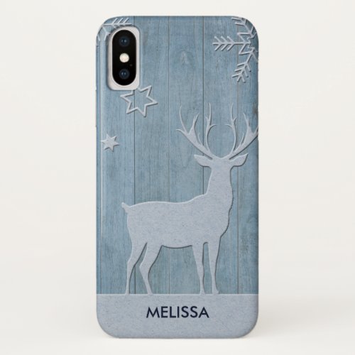 Rustic Blue Wood Reindeer Country Christmas iPhone X Case