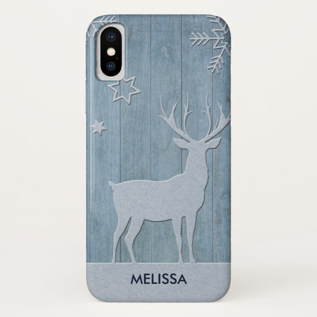 Rustic Blue Wood Reindeer Country Christmas Case-Mate iPhone Case (Back)