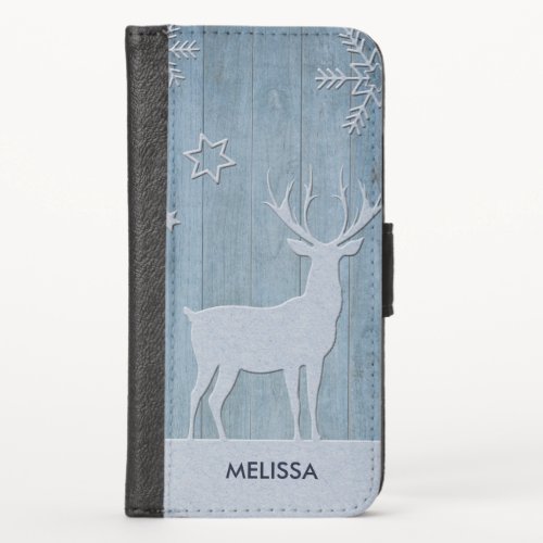 Rustic Blue Wood Reindeer Country Christmas iPhone X Wallet Case