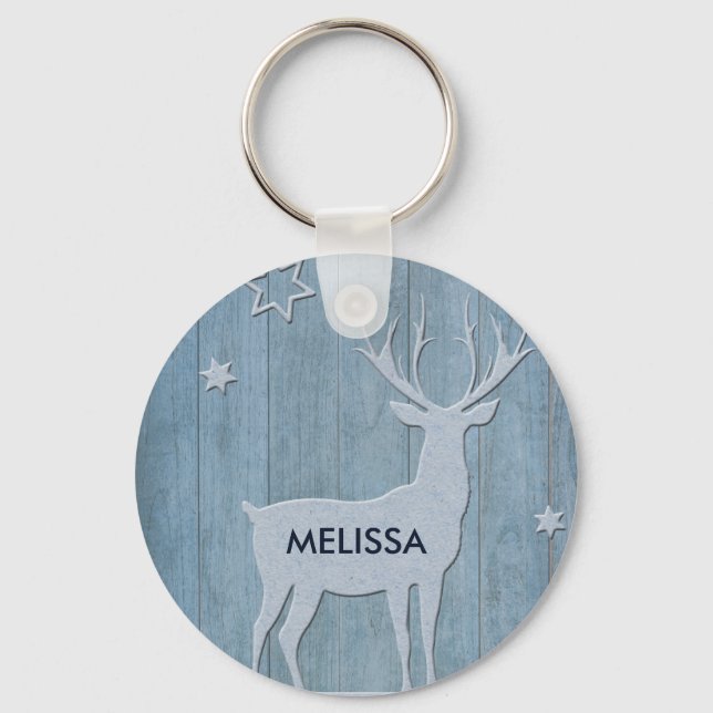 Rustic Blue Wood Reindeer Country Christmas Keychain (Front)