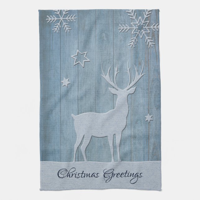 Rustic Blue Wood Reindeer Country Christmas Kitchen Towel (Vertical)