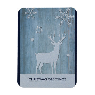 Rustic Blue Wood Reindeer Country Christmas Magnet
