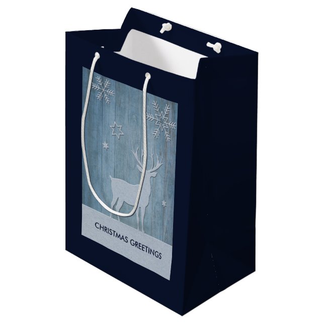 Rustic Blue Wood Reindeer Country Christmas Medium Gift Bag (Front Angled)