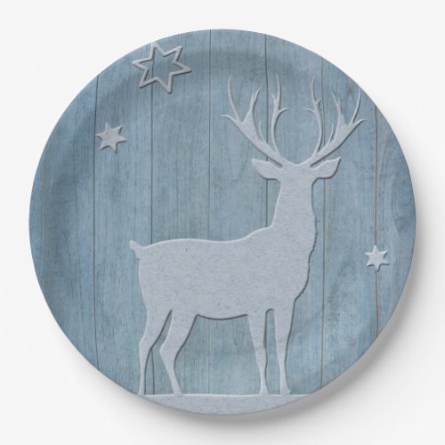 Rustic Blue Wood Reindeer Country Christmas Paper Plates