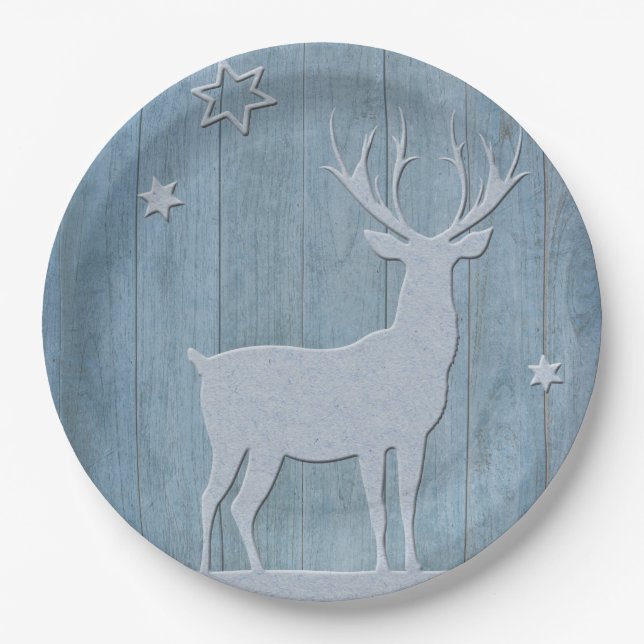 Rustic Blue Wood Reindeer Country Christmas Paper Plates (Front)