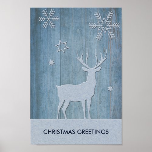 Rustic Blue Wood Reindeer Country Christmas Poster