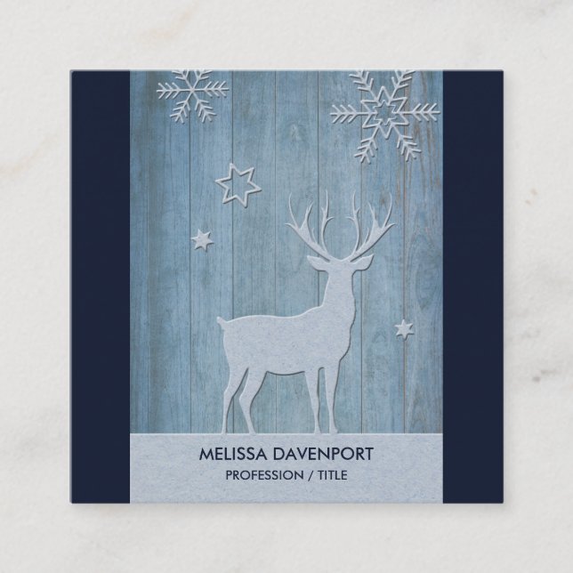 Rustic Blue Wood Reindeer Country Christmas Square Business Card (Front)