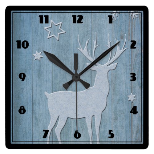Rustic Blue Wood Reindeer Country Christmas Square Wall Clock
