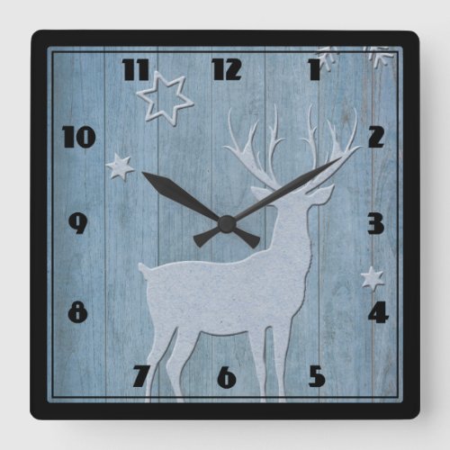 Rustic Blue Wood Reindeer Country Christmas Square Wall Clock