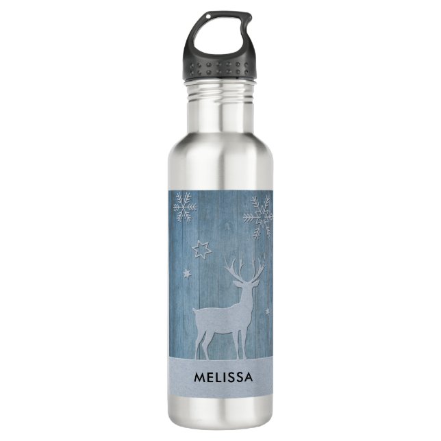 Rustic Blue Wood Reindeer Country Christmas Stainless Steel Water Bottle (Front)